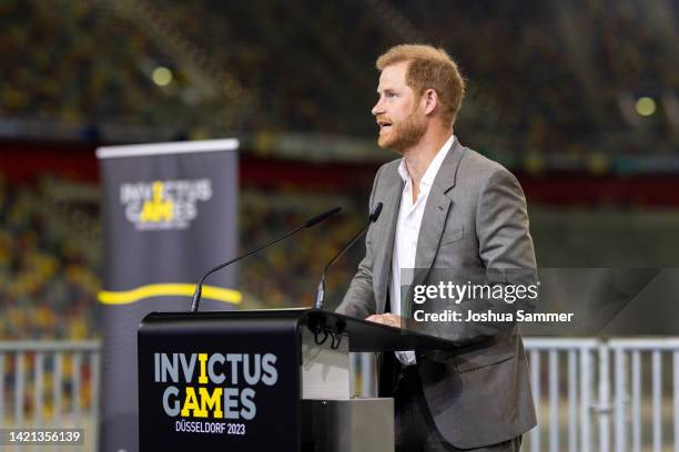 Prince Harry, Duke of Sussex speaks on stage during the press conference at the Invictus Games Dusseldorf 2023 - One Year To Go events, on September...