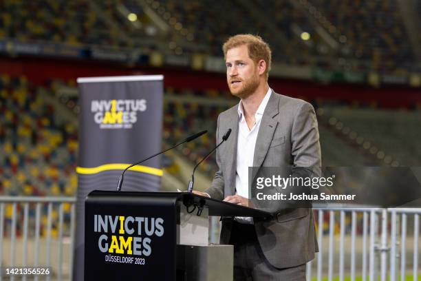 Prince Harry, Duke of Sussex speaks on stage during the press conference at the Invictus Games Dusseldorf 2023 - One Year To Go events, on September...