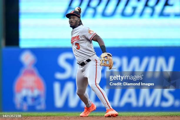Jorge Mateo of the Baltimore Orioles throws out Amed Rosario of the Cleveland Guardians at first base during the third inning at Progressive Field on...