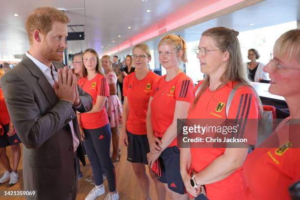 Prince Harry, Duke of Sussex meets with Invictus athletes during the Invictus Games Dusseldorf 2023 - One Year To Go events, on September 06, 2022 in...