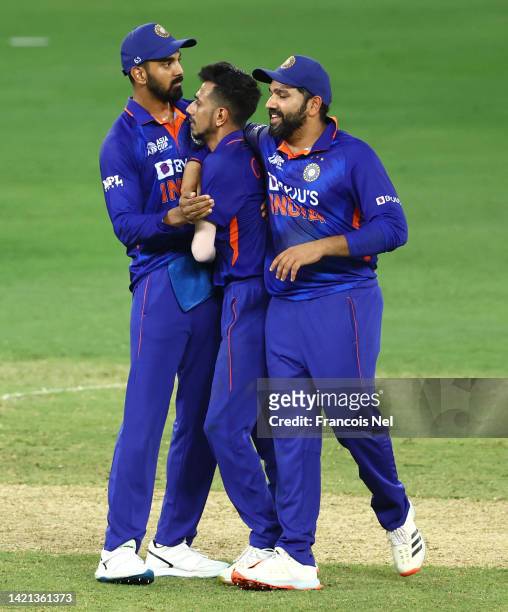 Raul of India , Yuzvendra Chahal of India and Rohit Sharma of India celebrates the wicket of Kusal Mendis of Sri Lanka during the DP World Asia Cup...
