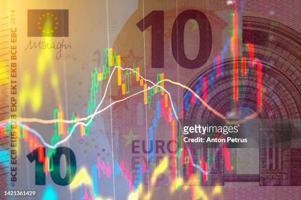 economic crisis in eu. 10 euro banknote on the background of  stock charts. - tax penalty stock pictures, royalty-free photos & images