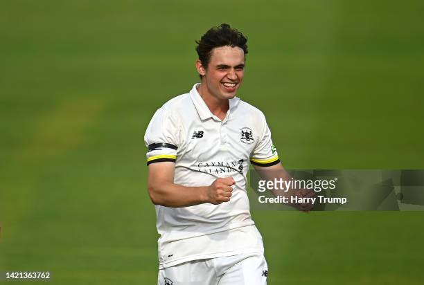 Tom Price of Gloucestershire celebrates the wicket of Imam Ul Haq of Somerset during Day Two of the LV= Insurance County Championship match between...