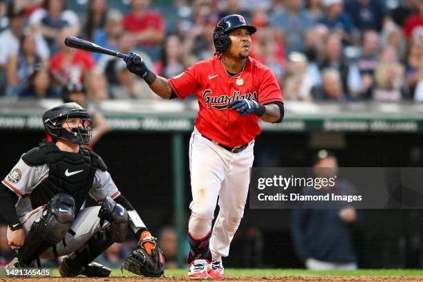 José Ramírez of the Cleveland Guardians bats during the fifth inning against the Baltimore Orioles at Progressive Field on August 31, 2022 in...