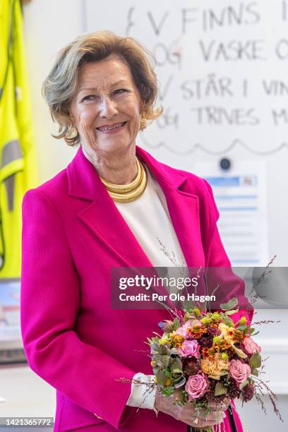 Queen Sonja of Norway visits Slemdal School on September 06, 2022 in Oslo, Norway.