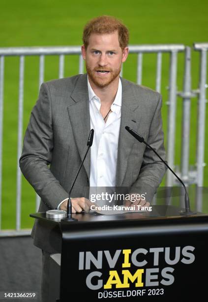 Prince Harry, Duke of Sussex attends a press conference at the Merkur Spiel Arena during the Invictus Games Dusseldorf 2023 - One Year To Go launch...