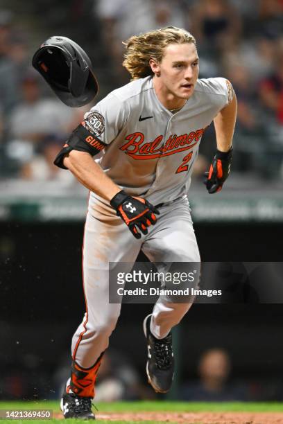 Gunnar Henderson of the Baltimore Orioles runs out a single during the ninth inning of his Major League debut against the Cleveland Guardians at...