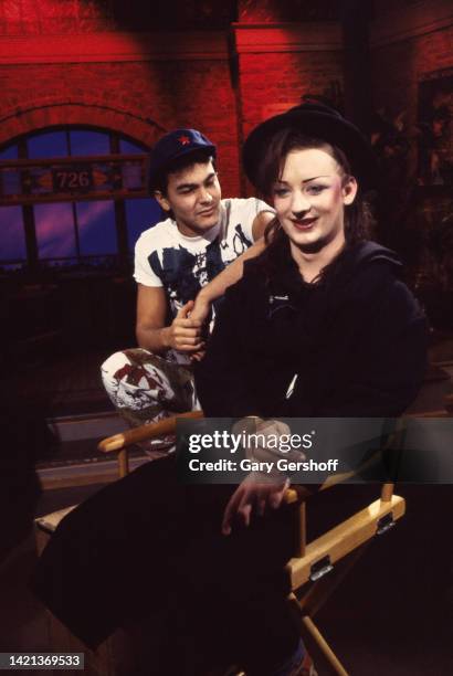 View of British Pop musicians Jon Moss and Boy George , both of the group Culture Club, during an interview on MTV at Teletronic Studios, New York,...