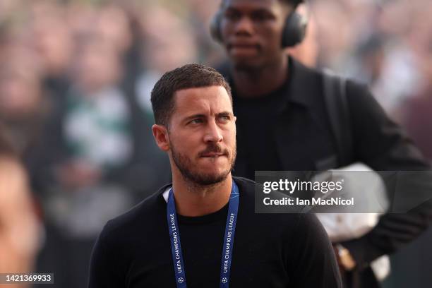 Eden Hazard of Real Madrid arrives at the stadium prior to the UEFA Champions League group F match between Celtic FC and Real Madrid at Celtic Park...