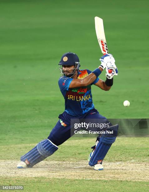 Dasun Shanaka of Sri Lanka bats during the DP World Asia Cup match between India and Sri Lanka on September 06, 2022 in Dubai, United Arab Emirates.