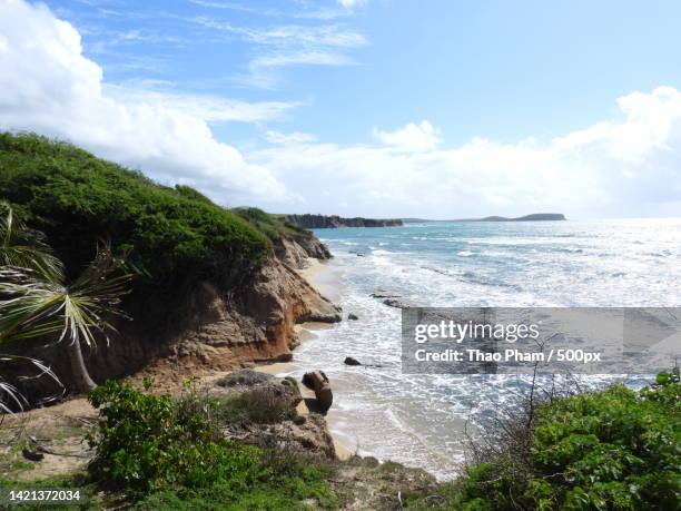 scenic view of sea against sky,black sand beach,vieques,puerto rico - puerto rico photos et images de collection