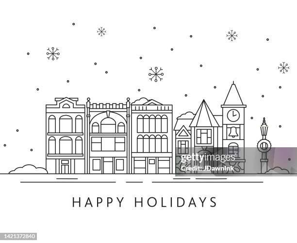 happy holidays greeting card small town community buildings, snowy background thin line icon set  - editable stroke - high street stock illustrations