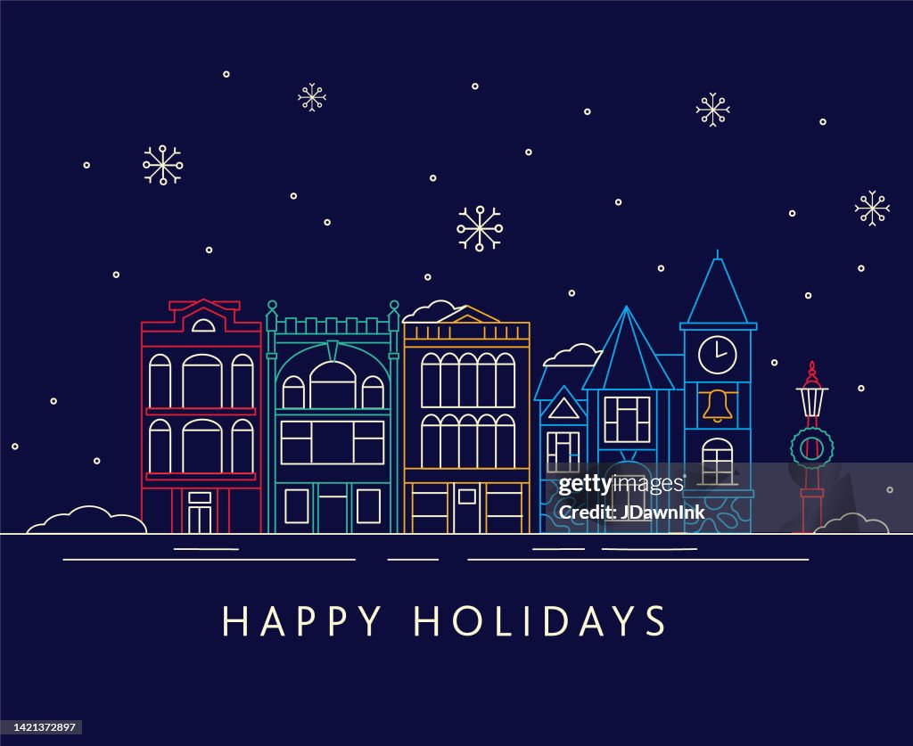 Happy Holidays Greeting card small town community buildings, snowy background thin line Icons - editable stroke