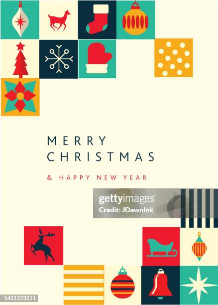 illustrazioni stock, clip art, cartoni animati e icone di tendenza di buon natale biglietto di auguri modello verticale dal design piatto con quadrati di ornamenti e alberi forme geometriche e icone semplici - christmas bauble