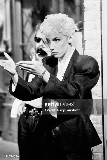 View of Scottish New Wave & Pop musician Annie Lennox, of the group Eurythmics, during an interview on MTV, New York, New York, June 30, 1986....