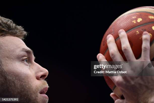 Nicolò Melli of Italy warms up prior to the FIBA EuroBasket 2022 group C match between Italy and Croatia at Forum di Assago on September 06, 2022 in...