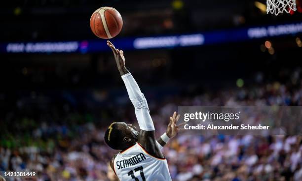 Dennis Schröder of Germany in action during the FIBA EuroBasket 2022 group B match between Germany and Slovenia at Lanxess Arena on September 06,...