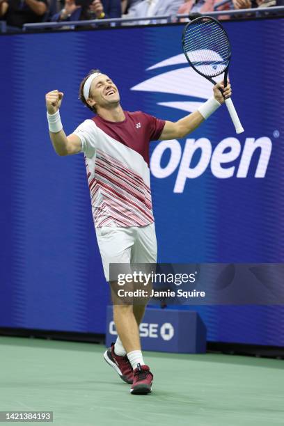Casper Ruud of Norway celebrates after defeating Matteo Berrettini of Italy during their Men’s Singles Quarterfinal match on Day Nine of the 2022 US...