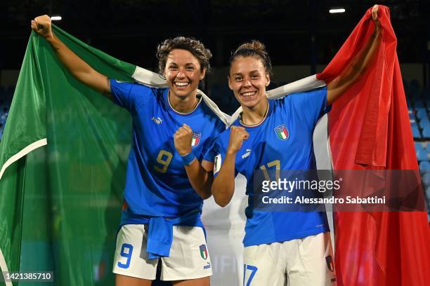 Lisa Boattin of Italy Women celebrates with Valentina Giacinti during the FIFA Women's World Cup 2023 Qualifier group G match between Italy and...