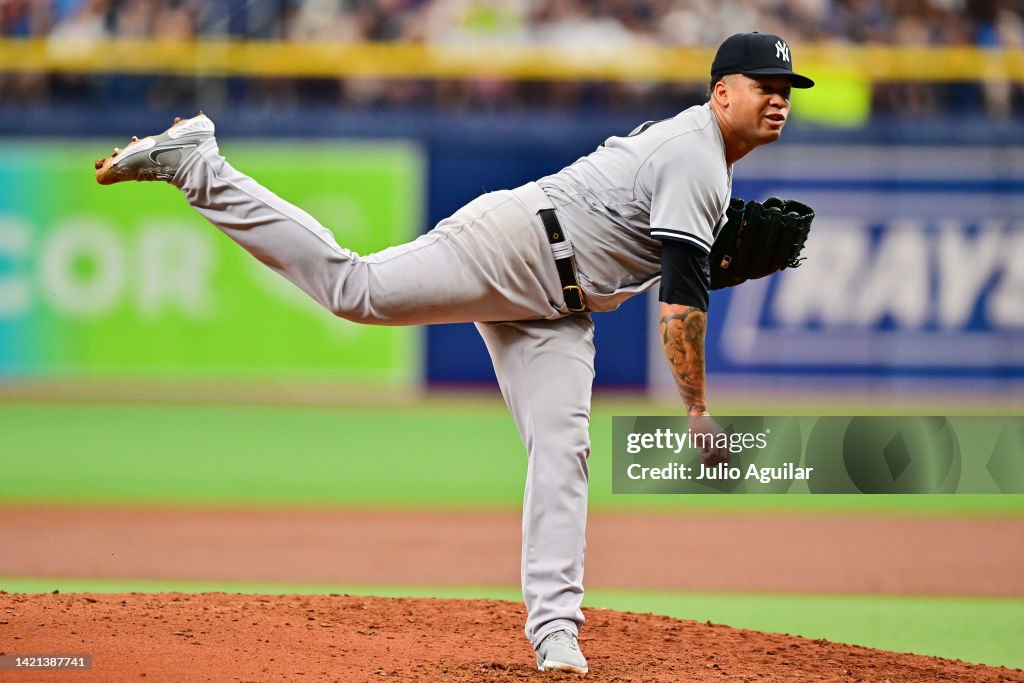 Frankie Montas of the New York Yankees pitches to the Tampa Bay Rays ...