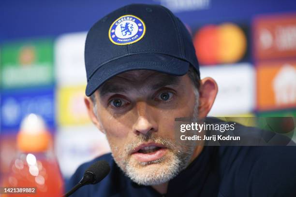 Thomas Tuchel, Manager of Chelsea speaks to the media in the post match speaks to the media in the post match press conference conference after their...