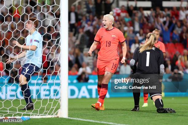 Bethany England of England celebrates after scoring their team's sixth goal during the FIFA Women's World Cup 2023 Qualifier group D match between...