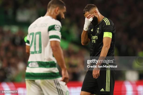 Karim Benzema of Real Madrid reacts during the UEFA Champions League group F match between Celtic FC and Real Madrid at Celtic Park Stadium on...