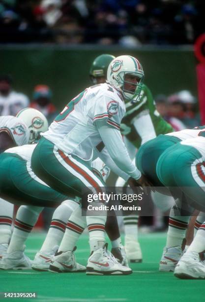 Quarterback Dan Marino of the Miami Dolphins calls a play in the game between the Miami Dolphins vs the New York Jets at The Meadowlands on November...