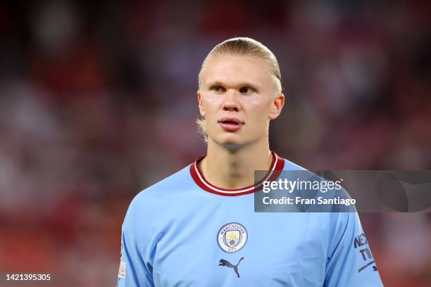 Erling Haaland of Manchester City looks on during the UEFA Champions League group G match between Sevilla FC and Manchester City at Estadio Ramon...