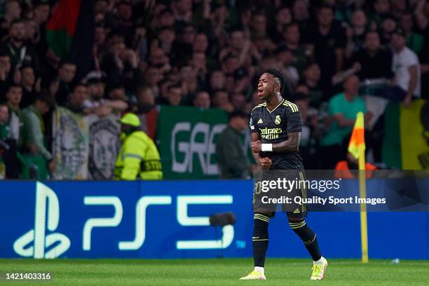 Vinicius Junior of Real Madrid celebrates after scoring his team's first goal during the UEFA Champions League group F match between Celtic FC and...