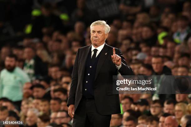 Carlo Ancelotti, Head Coach of Real Madrid reacts during the UEFA Champions League group F match between Celtic FC and Real Madrid at Celtic Park...