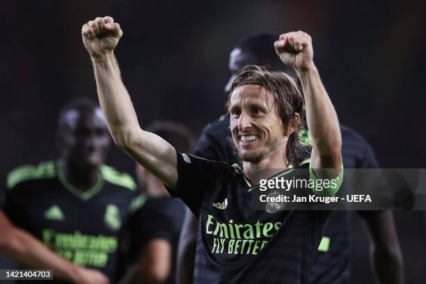 Luka Modric of Real Madrid celebrates after scoring their side's second goal during the UEFA Champions League group F match between Celtic FC and...