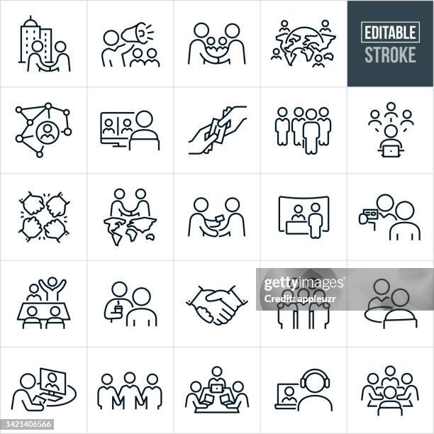 bildbanksillustrationer, clip art samt tecknat material och ikoner med business networking thin line icons - editable stroke - besök