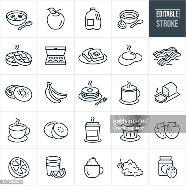 illustrations, cliparts, dessins animés et icônes de icônes de ligne mince de la nourriture du petit-déjeuner - trait modifiable - assiettes