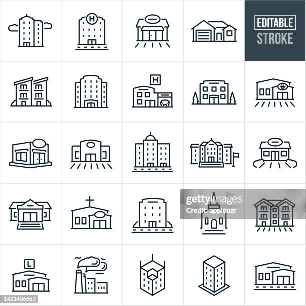 illustrazioni stock, clip art, cartoni animati e icone di tendenza di icone a linee sottili delle strutture - tratto modificabile - quartiere finanziario