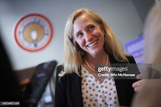 Rep. Abigail Spanberger answers questions after touring the IBEW Local 26 training facility September 6, 2022 in Manassas, Virginia. Spanberger is...