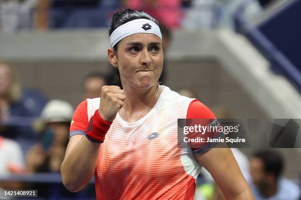 Ons Jabeur of Tunisia celebrates after defeating Ajla Tomlijanovic of Australia during their Women’s Singles Quarterfinal match on Day Nine of the...