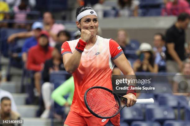 Ons Jabeur of Tunisia celebrates after defeating Ajla Tomlijanovic of Australia during their Women’s Singles Quarterfinal match on Day Nine of the...