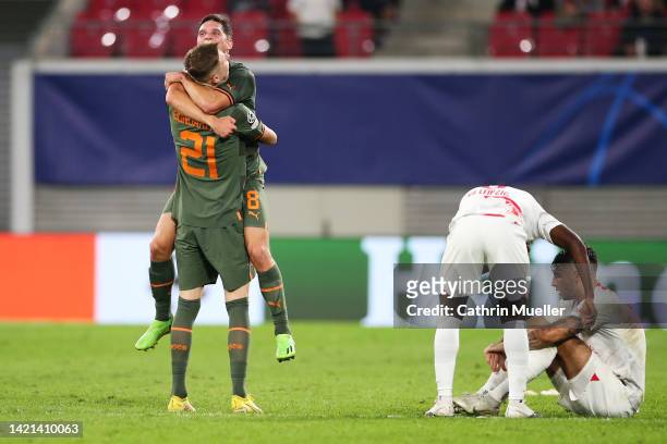 Heorhiy Sudakov and Artem Bondarenko of Shakhtar Donetsk celebrates victory after the final whistle in the UEFA Champions League group F match...