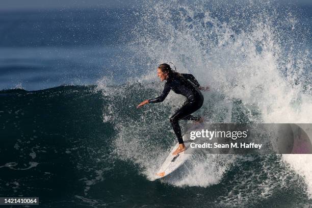 Stephanie Gilmore of Australia surfs during a training session at Lower Trestles ahead of the 2022 Rip Curl WSL Finals on September 06, 2022 in San...