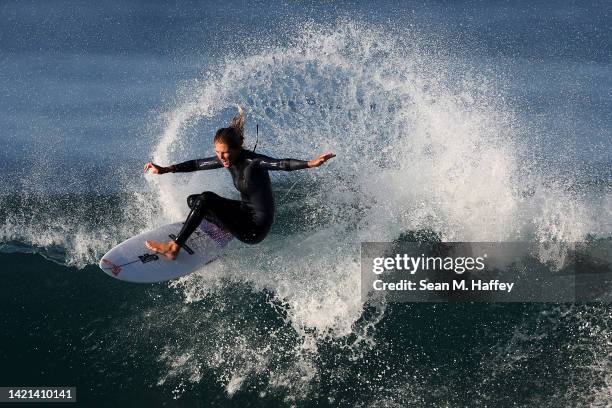 Stephanie Gilmore of Australia surfs during a training session at Lower Trestles ahead of the 2022 Rip Curl WSL Finals on September 06, 2022 in San...