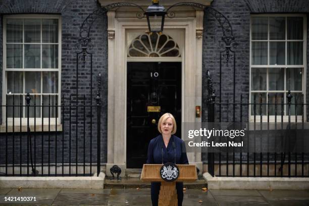 Former Foreign Secretary Liz Truss addresses the media outside number 10 after becoming the new Prime Minister at Downing Street on September 06,...