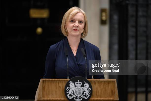 Former Foreign Secretary Liz Truss addresses the media outside number 10 after becoming the new Prime Minister at Downing Street on September 06,...