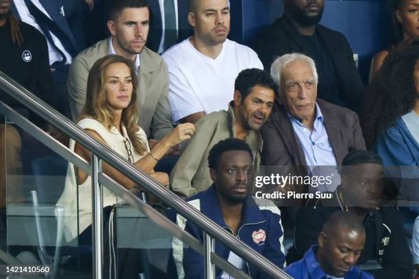 Jamel Debouze and Melissa Theuriau and Gerard Darmon attend the UEFA Champions League group H match between Paris Saint-Germain and Juventus at Parc...