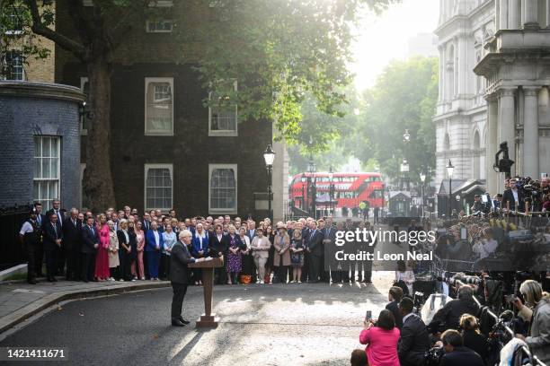 Boris Johnson addresses the media from outside number 10 before formally resigning as Prime Minister, at Downing Street on September 06, 2022 in...