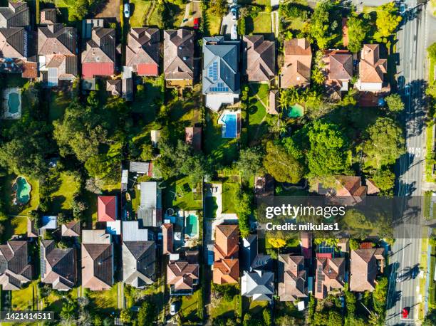 sydney suburb overhead perspective roof tops - suburban stock pictures, royalty-free photos & images