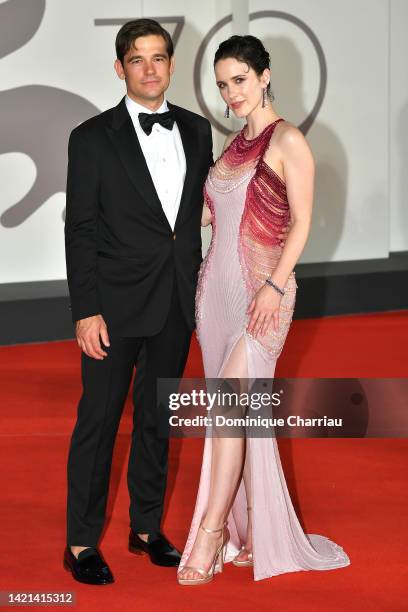 Rachel Brosnahan and her husband Jason Ralph attends the "Dead For A Dollar" red carpet at the 79th Venice International Film Festival on September...