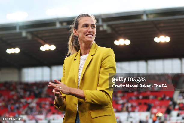 Former England player Jill Scott looks on prior to the FIFA Women's World Cup 2023 Qualifier group D match between England and Luxembourg at Bet365...