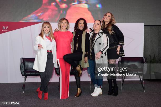 Mayte Lascurain, Ilse, Fernanda Meade, Isabel Lascurain and Mimi of Flans group and Pandora group pose for a photo during the press conference on the...