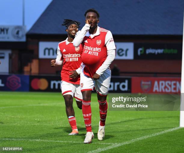 Nathan Butler-Oyedeji celebrates scoring Arsenal's goal during the Premier League International Cup match between Arsenal U21 and Feyenoord U21 at...